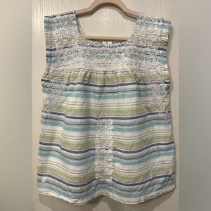 J Marie Blue White Green Striped Embroidered Top Blouse Shirt Size M Cotton